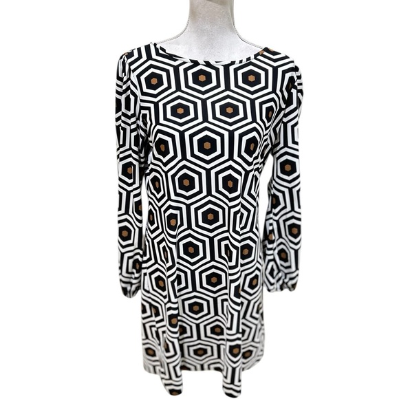 Jude Connally Black, brown & White geometric balloon long Sleeve Dress large - Picture 1 of 10